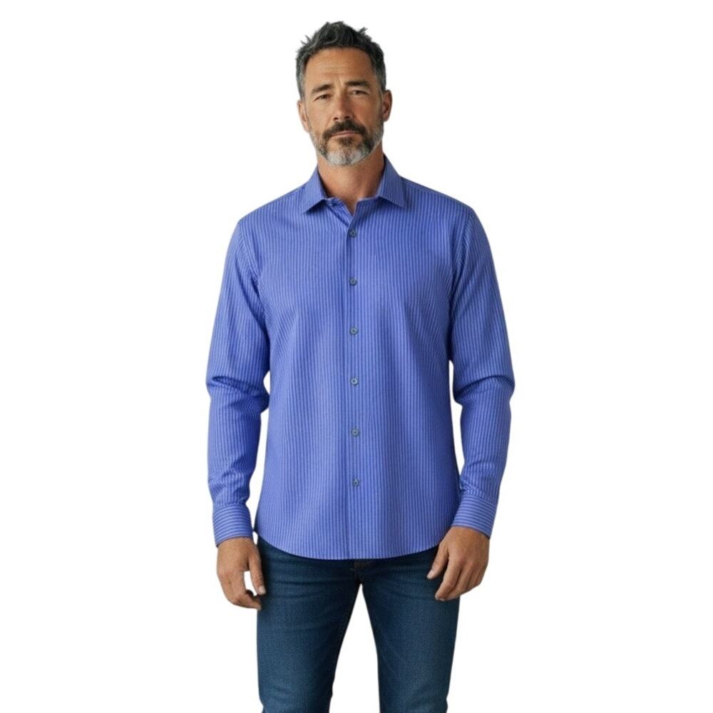 Kenneth Cole Men's Slim Fit Button Down Shirt in Purple and Pink Strips Size 16